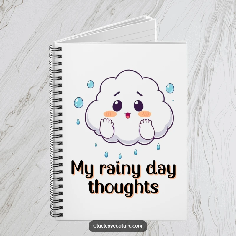 Funny notebook cover featuring a surprised cloud comically juggling raindrops with its hands, ideal for jotting down whimsical thoughts.
