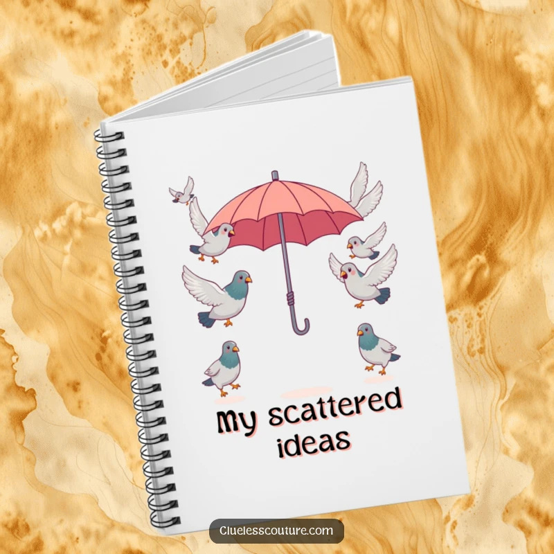 Funny surprised pigeons attempting to fly in opposite directions from a single, tiny umbrella, inspiring notes and doodles in this funny notebook.