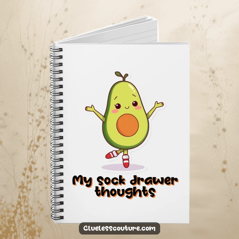 Funny notebook cover featuring a shy avocado character wearing mismatched socks, attempting a ballet pose, great for journaling.