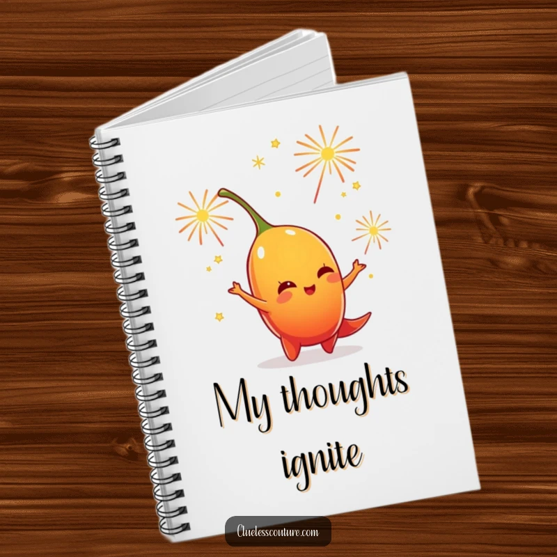 Funny notebook with a chili pepper character juggling small, sparkling fireworks, great for noting down exciting thoughts.