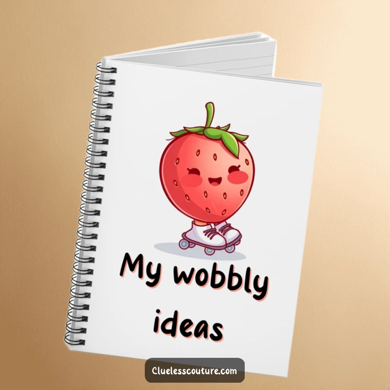 Funny notebook cover featuring a blushing strawberry wearing tiny roller skates and wobbling uncontrollably, ideal for jotting down sweet thoughts.