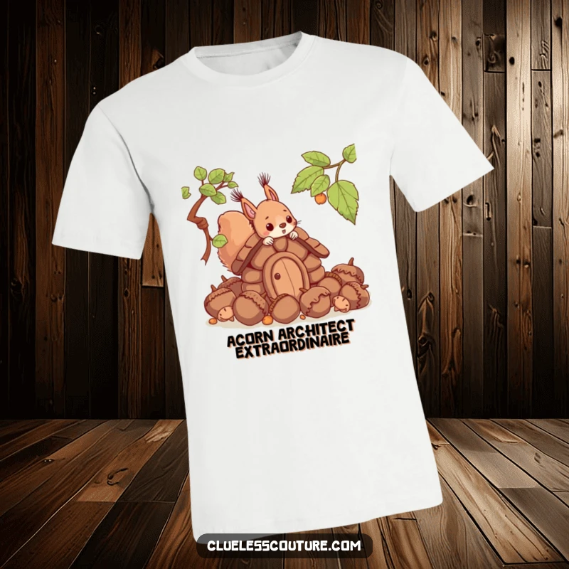 Funny t-shirt depicting a comical squirrel attempting home construction with enormous acorns, a scene of hilarious perseverance.