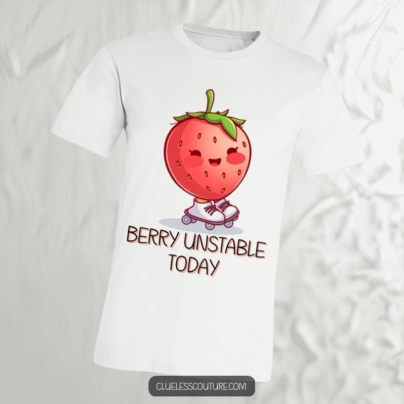Funny t-shirt with a blushing strawberry wearing tiny roller skates and wobbling uncontrollably, capturing a moment of adorable fruit chaos.