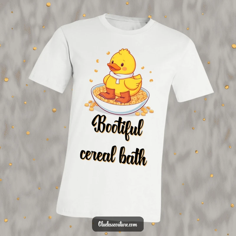 Funny rubber duck in big boots wading through a massive cereal bowl on a t-shirt, showing off breakfast adventure.