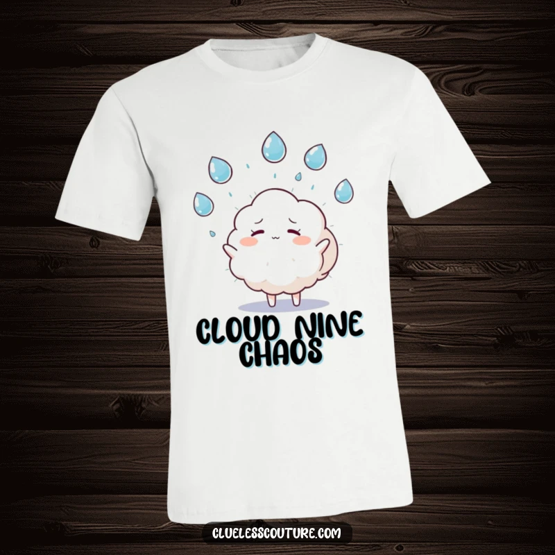 Funny t-shirt depicting a fluffy cloud character humorously juggling multiple raindrops while looking slightly stressed, a relatable humorous design.