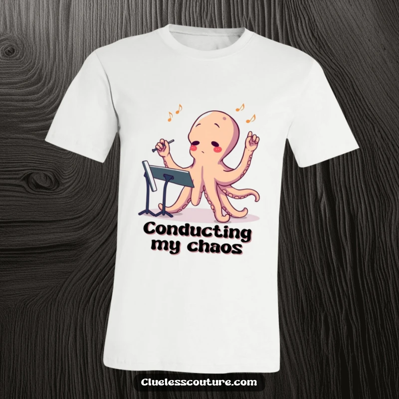 Funny t-shirt graphic of a confused octopus using its eight arms to hilariously conduct a chaotic orchestra.