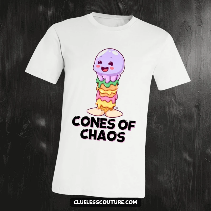Funny wobbly jelly character attempting to balance on a stack of melting ice cream cones, printed on a t-shirt.