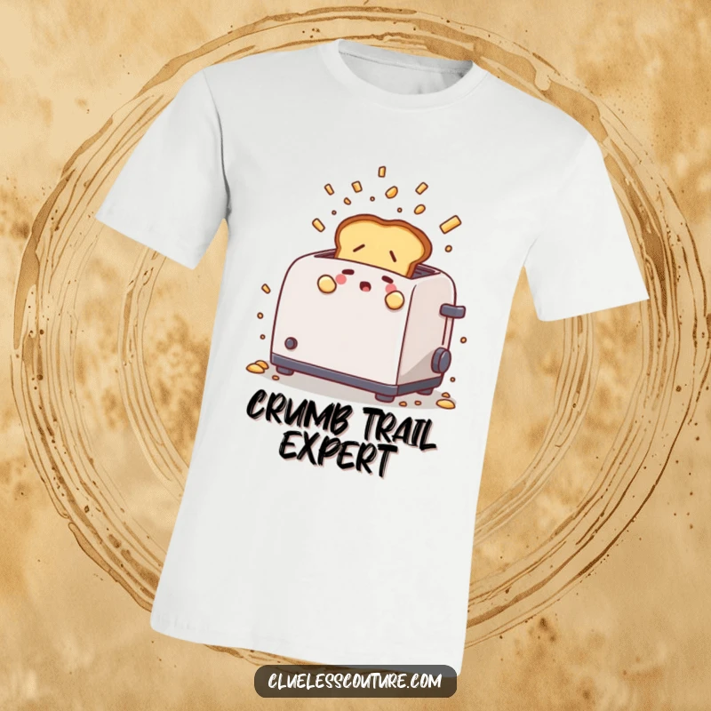 Funny t-shirt depicting a nervous toast popping out of a toaster with crumbs flying, showcasing a humorous and relatable breakfast scene.