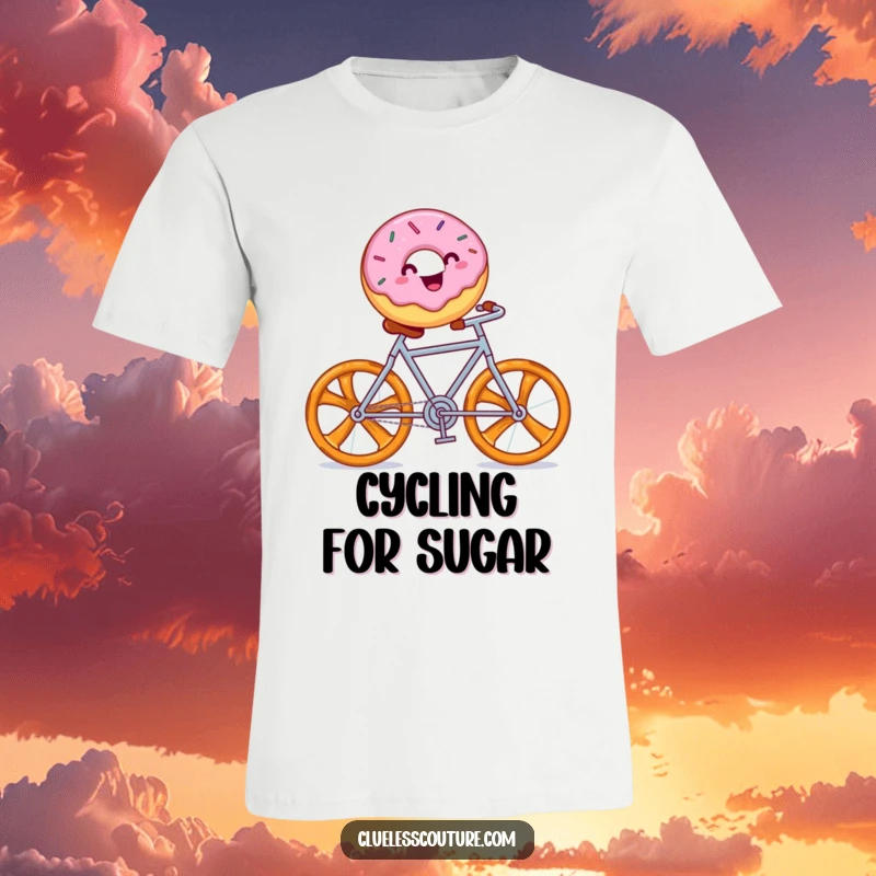 Funny t-shirt of a smiling donut with sprinkles riding a pretzel bicycle, embodying pure joy.