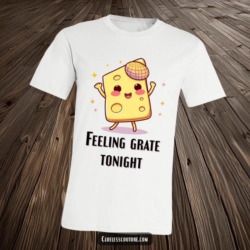Funny t-shirt showing a slice of cheese in mid-dance move, illuminated by its own tiny disco ball.