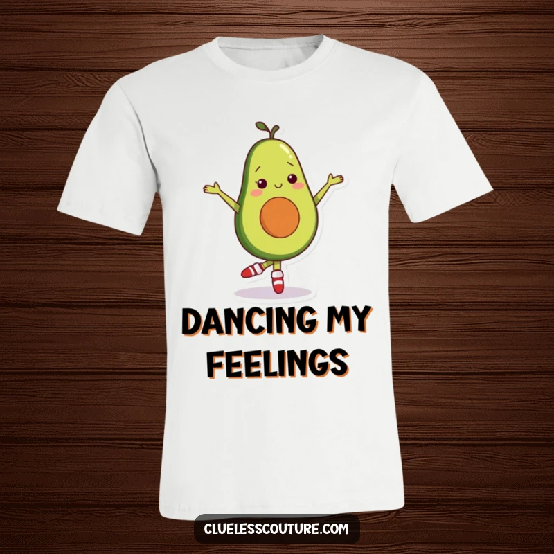 Funny t-shirt print of a shy avocado wearing odd socks, attempting a ballet move, celebrating awkward grace.