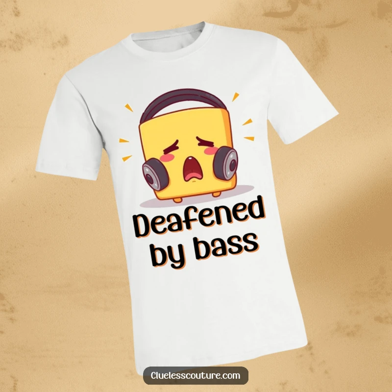 Funny t-shirt depicting a startled cheese block wearing oversized headphones, eyes wide, head bobbing to loud music, a hilarious sight.