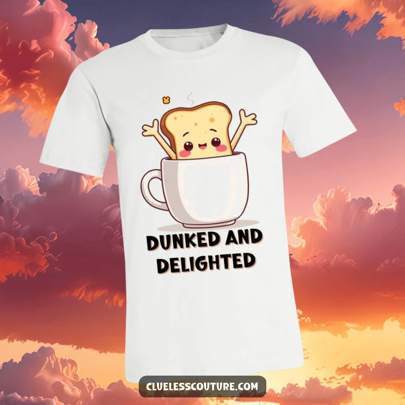 Funny t-shirt depicting a sentient toast slice character comically falling into a large coffee mug with flailing arms, a humorous design.