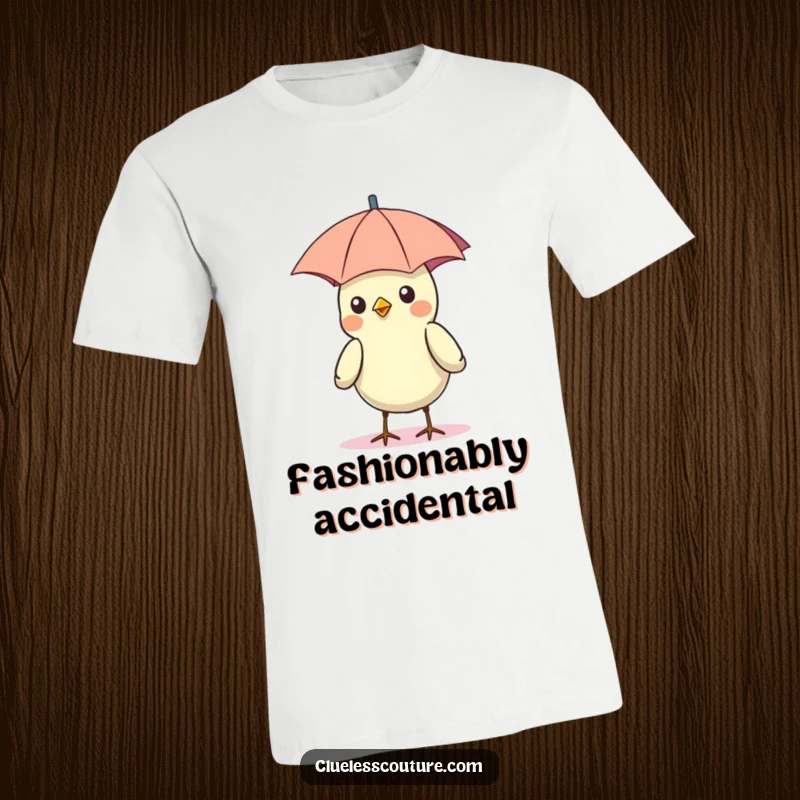 Funny t-shirt with a bird accidentally wearing a small umbrella as a hat while basking in the sun.
