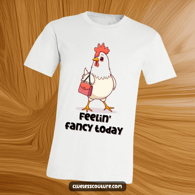 Funny chicken wearing a tiny designer handbag, strutting on a t-shirt, confident farm animal fashion.
