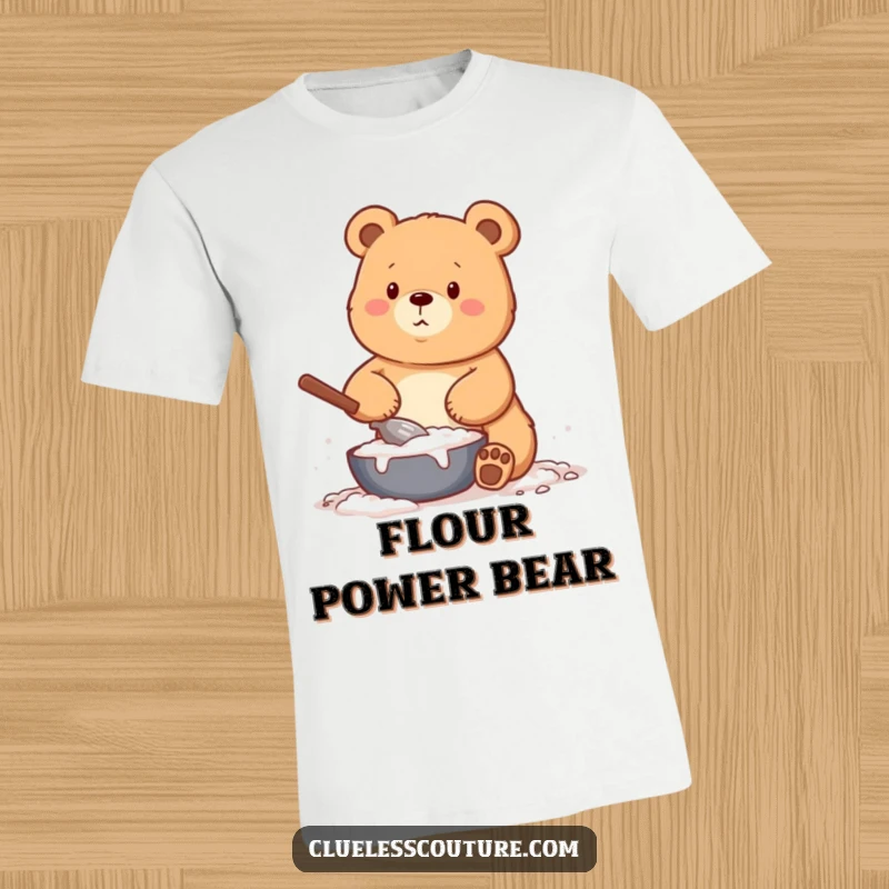 Funny t-shirt depicting a bear hilariously covered head-to-toe in flour during a baking attempt, a comical kitchen scene.