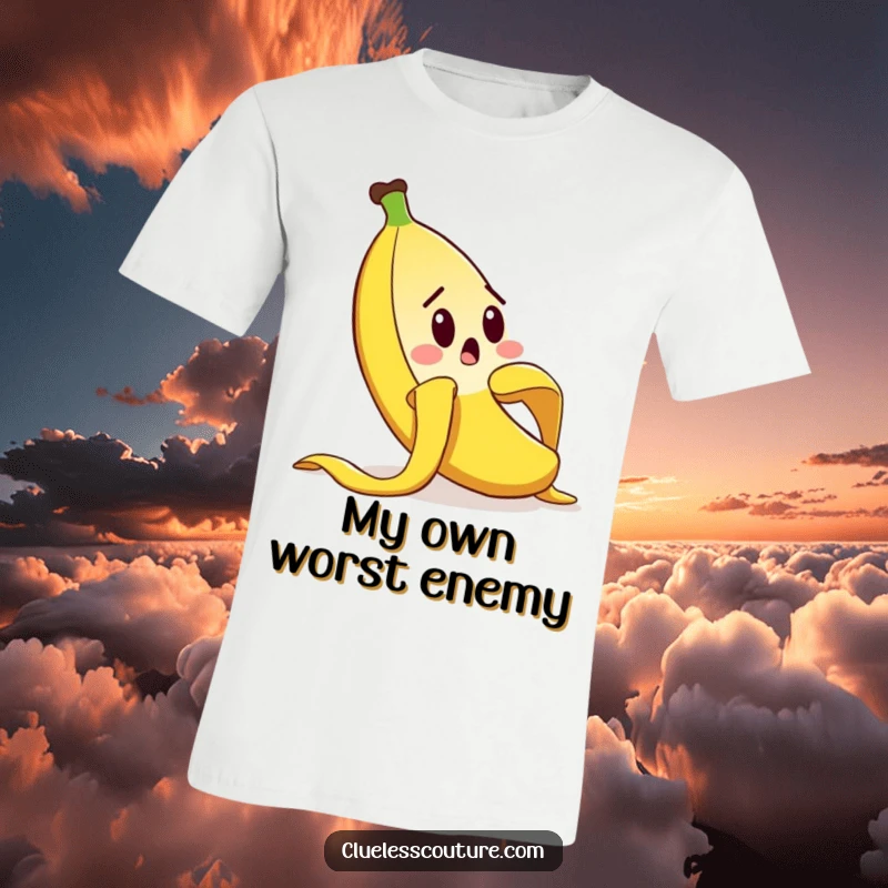 Funny t-shirt depicting a surprised banana peel character comically slipping, embodying unexpected mishaps, a perfect funny gift.