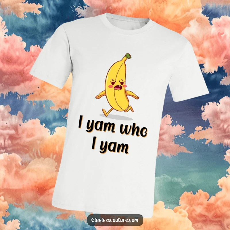 Funny banana character hilariously tripping over its peel while running, a comical graphic tee for laughs.