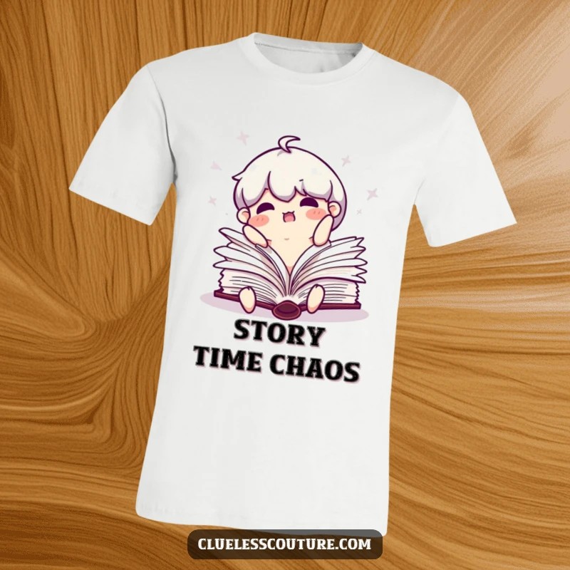 Funny t-shirt design of a clumsy book character that has fallen open with pages flailing everywhere.