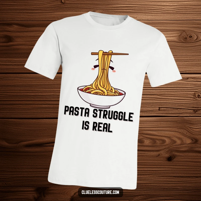 Funny t-shirt with design of confused chopsticks struggling to eat a plate of spaghetti, capturing a moment of culinary chaos.