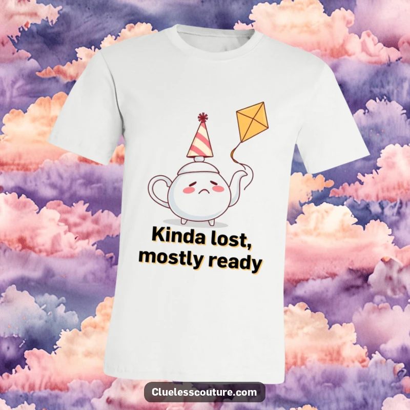 Funny t-shirt with a confused teapot attempting to fly a kite, wearing a party hat, capturing a moment of comical effort.
