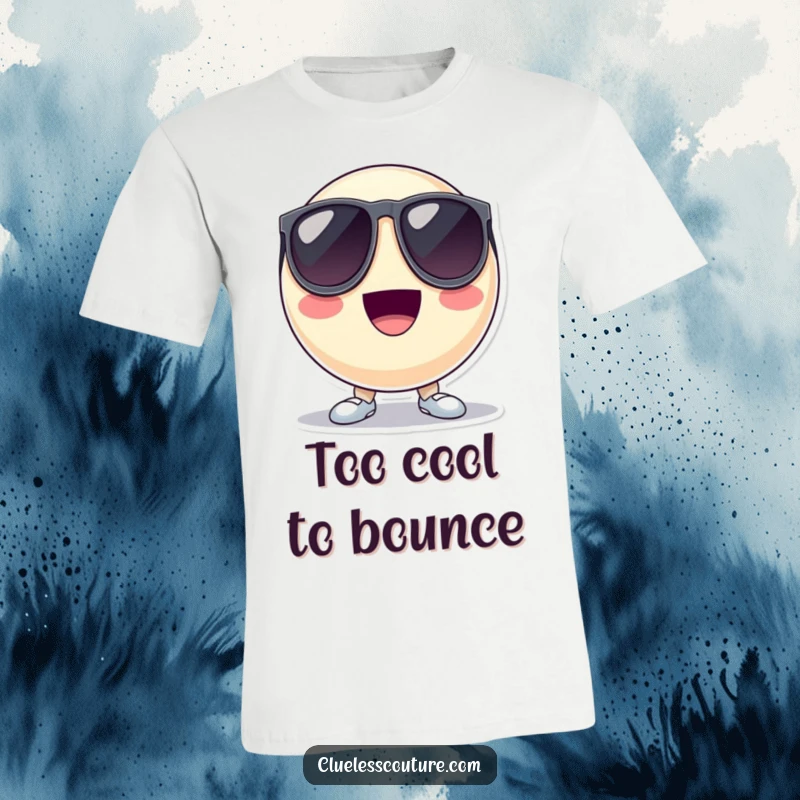 Funny t-shirt depicting a bouncing ball character wearing large sunglasses and exuding coolness, a perfect humorous and stylish apparel item.