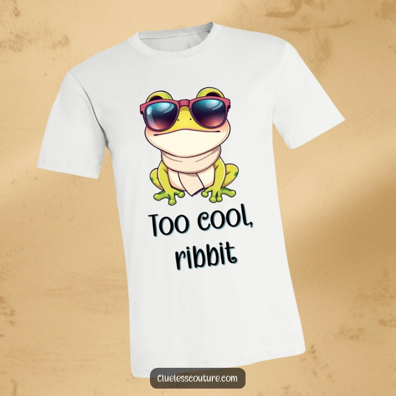 Funny t-shirt with a fashionable frog wearing large sunglasses and a small scarf, embodying a cool and trendy amphibian aesthetic.
