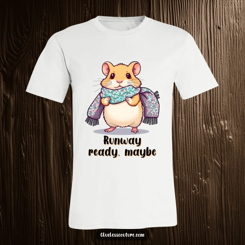 Funny t-shirt with a nervous hamster confidently walking a fashion runway, wearing an oversized sequined scarf, a chic and humorous pet design.