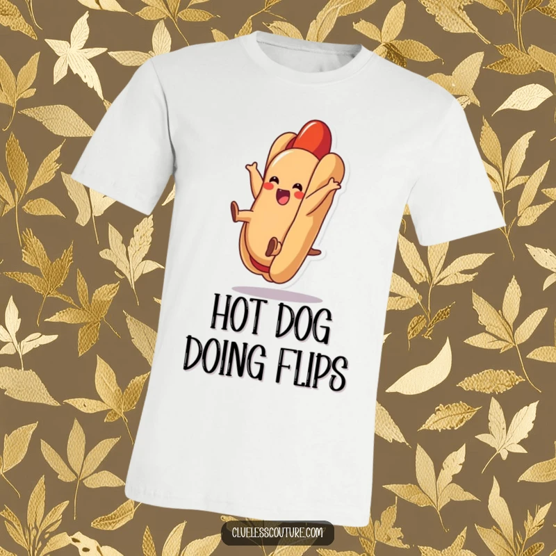 Funny hot dog t-shirt depicting a delighted hot dog performing a cartwheel inside a soft bun, symbolizing joy and movement.
