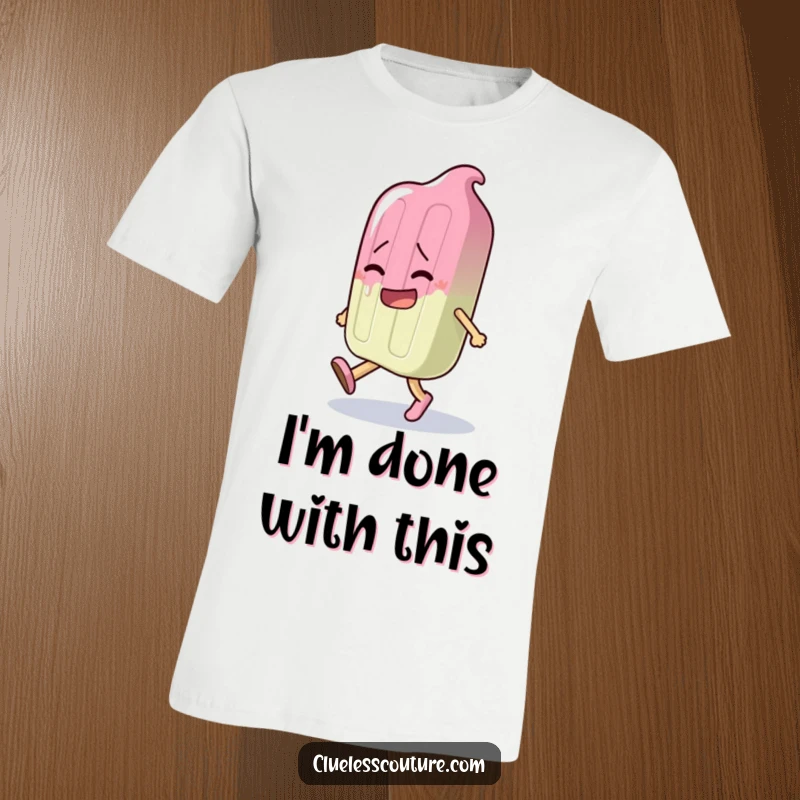 Funny t-shirt with a cartoon popsicle character melting dramatically while attempting to walk, showing a clumsy and funny moment.
