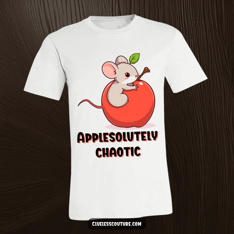 Funny t-shirt illustrating a tiny mouse caught on a fast-rolling apple, its tiny paws gripping as it goes on an uncontrolled, exhilarating ride.