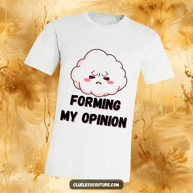 Funny t-shirt with a nervous cloud character attempting to form a shape, representing hesitation and effort, a perfect funny gift.