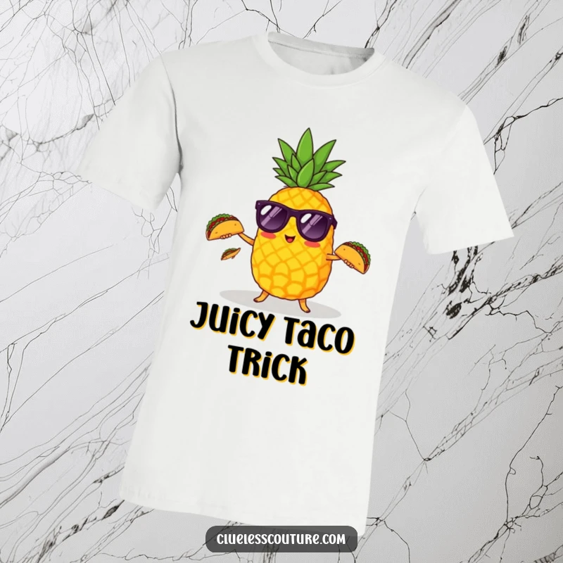 Funny pineapple with sunglasses juggling small tacos on a t-shirt, perfect for parties and food events.