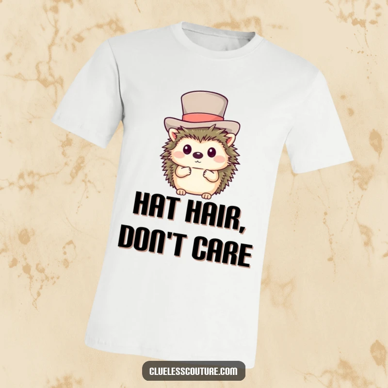 Funny t-shirt featuring a shy hedgehog hilariously attempting to fit into an oversized, fancy top hat.