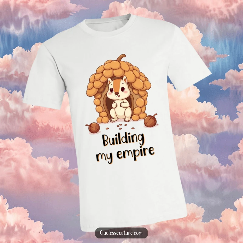 Funny squirrel comically attempts to build a house using oversized acorns, printed on a t-shirt for a funny gift.