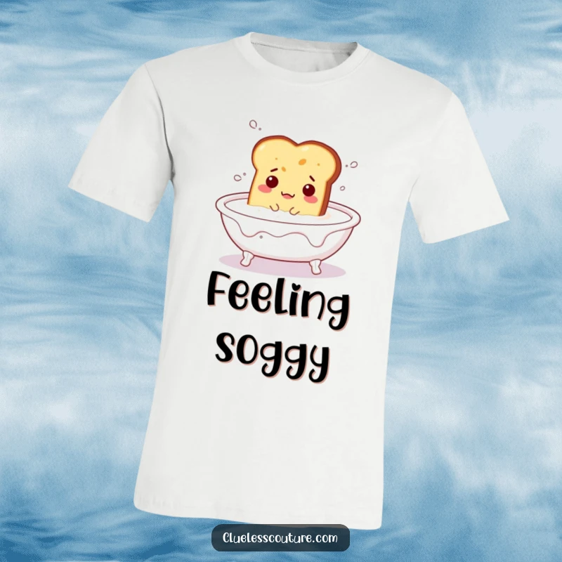 Funny t-shirt depicting a bewildered piece of toast floating in a bathtub full of milk, its expression one of utter surprise.
