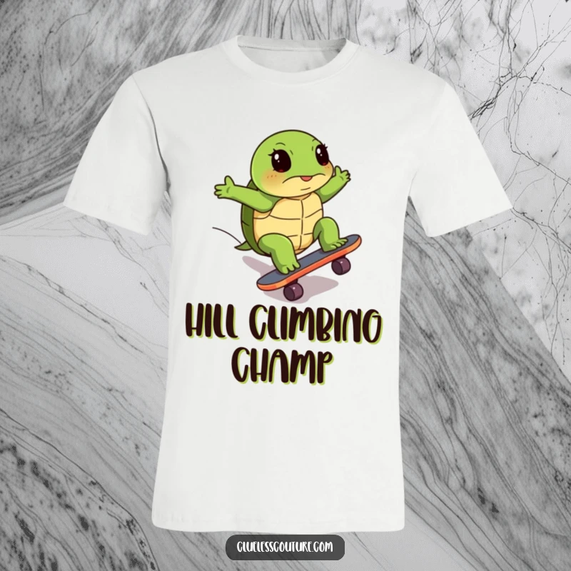 Funny t-shirt with a turtle struggling comically to skateboard uphill, embodying hilarious perseverance and a strong will.