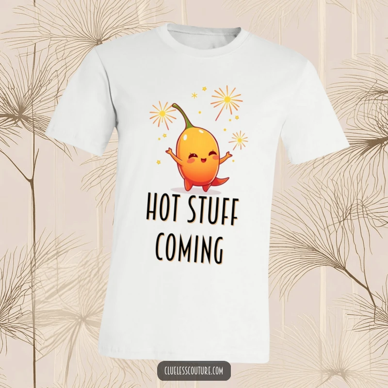 Funny t-shirt featuring a lively chili pepper character juggling tiny, bright fireworks, symbolizing playful celebration.