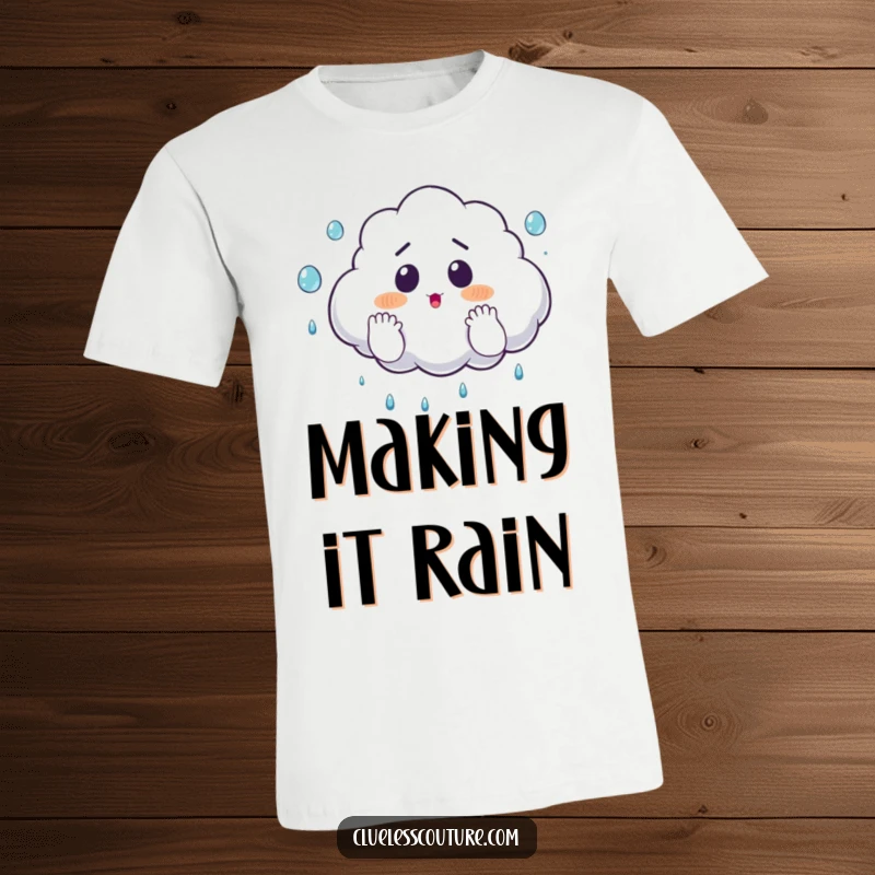 Funny t-shirt with a surprised cloud comically juggling raindrops with its fluffy hands, capturing a moment of whimsical weather play.