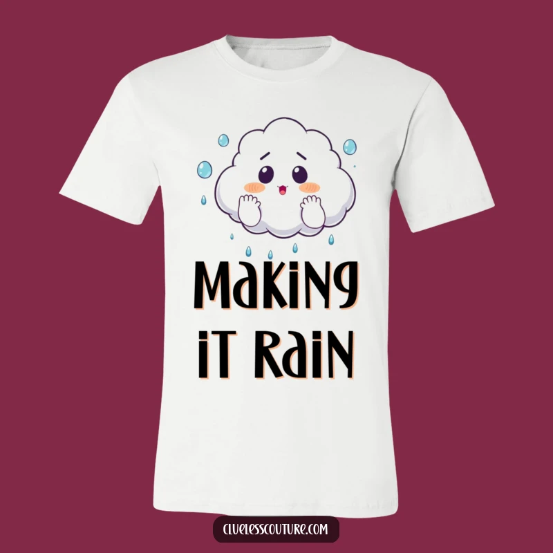 Funny Surprised Cloud Juggling Raindrops T-Shirt, Playful Sky Humor