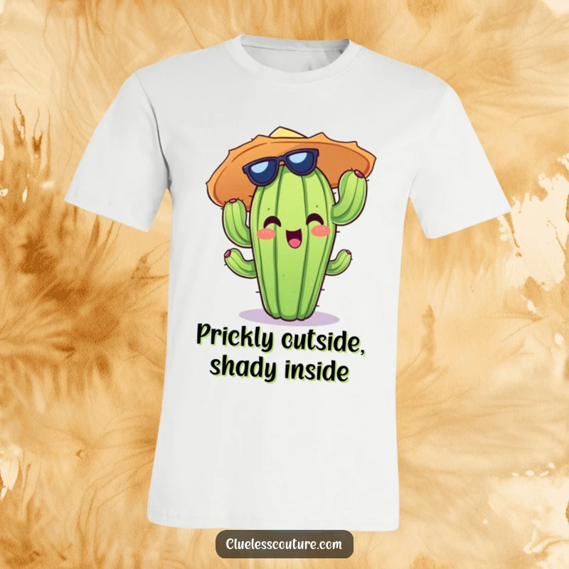Funny t-shirt with a cheerful cactus character sporting a comically large sun hat, looking utterly delighted.