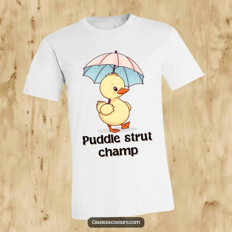 Funny Sassy Duck T-Shirt, waddling with a minuscule designer umbrella, showing off attitude, a humorous fashion choice.