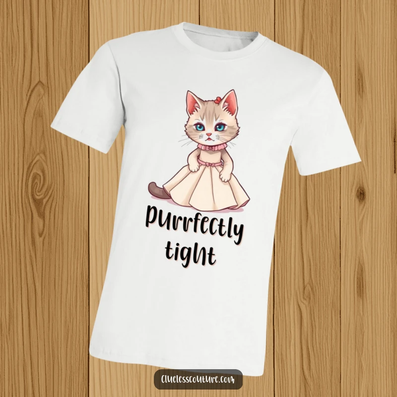 Funny T-Shirt: A cat struggling to fit into a miniature couture gown, showcasing feline fashion struggles and humor.