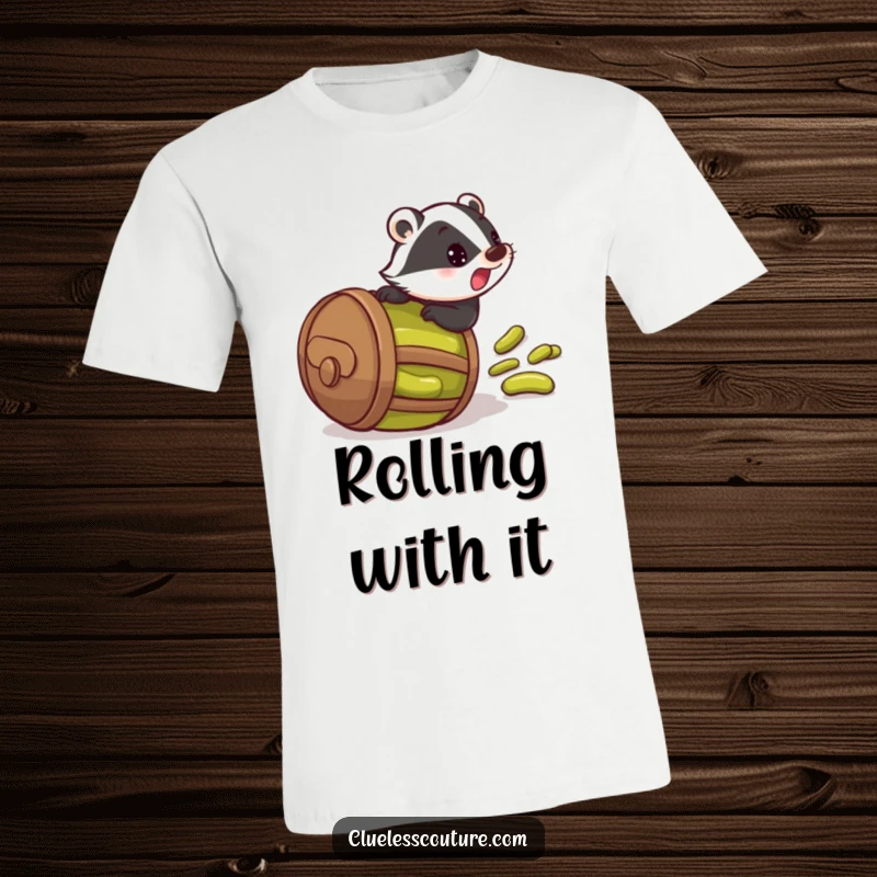 Funny t-shirt graphic of a startled badger tumbling downhill in a barrel full of pickles, a chaotic scene.