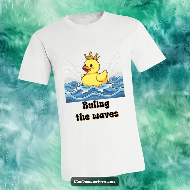 Funny t-shirt featuring a crowned rubber ducky majestically floating on rough, stormy seas, depicting a comical scene of triumph.