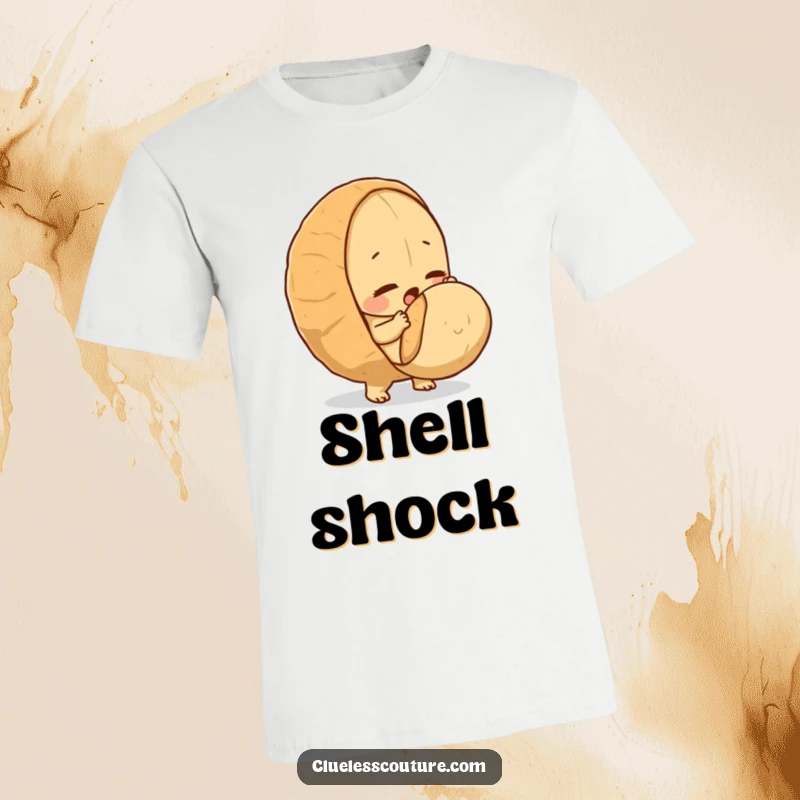 Funny t-shirt showing a determined peanut making a valiant effort to crack a surprisingly huge nut.