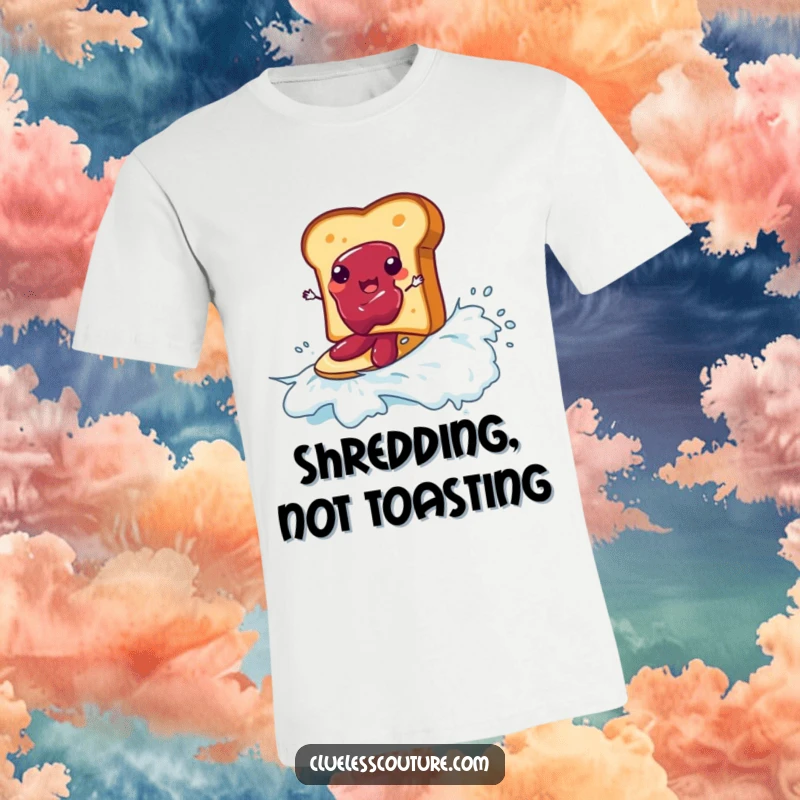 Funny t-shirt graphic of a piece of toast bravely surfing on a big wave of jam, a breakfast adventure.