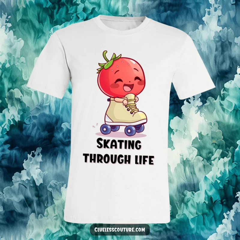 Funny giggling strawberry character riding a runaway roller skate, a comical graphic tee for laughs.