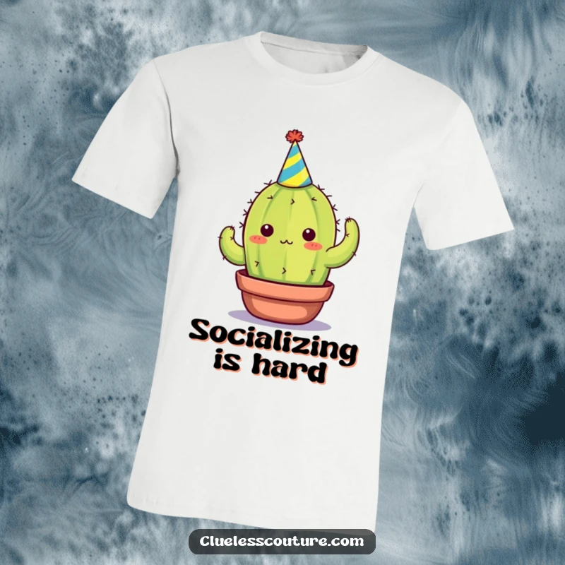 Funny t-shirt showcasing a cactus in a tiny party hat looking utterly overwhelmed, ideal for expressing relatable party stress, a funny gift.