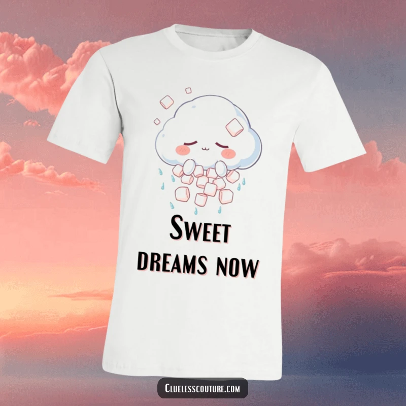 Funny t-shirt showcasing a sleepy anthropomorphic cloud character showering soft marshmallows in a whimsical, unexpected twist on rain.